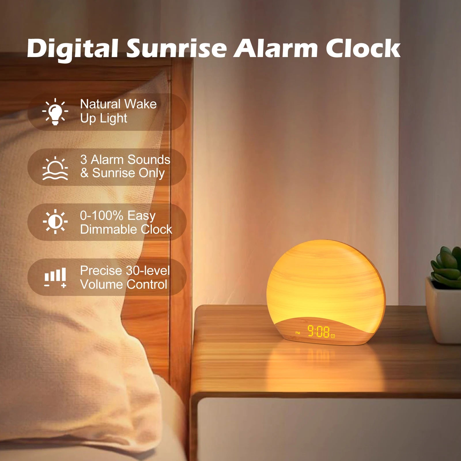 KERCHAN Natural Wood Grain Sound Machine Sunrise Alarm Clock26 Nature Inspired Sleeping Sounds,0-100% Dimmable Clock,Night Light