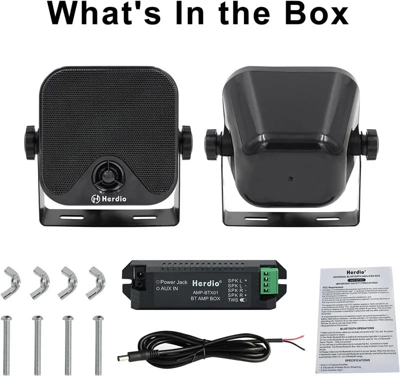 Herdio 4‘’ Marine Box Bluetooth Speakers Compact Waterproof Audio Sound System With 100 Watt Power for Boat Golf Cart Jeep ATV