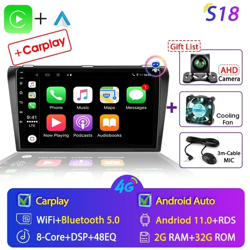 2 Din Android 12 for Mazda 3 2004-2009 Car Radio Multimedia Player Stereo Navigation With BOSE Carplay Speakers Head Unit Video