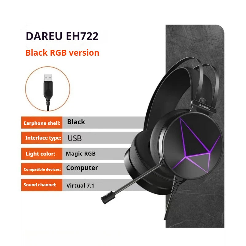DAREU EH722 Wired Headphones RGB Desktop Laptop Headwear E-Sports Noise Cancelling Gaming Earphones,High Definition Microphone