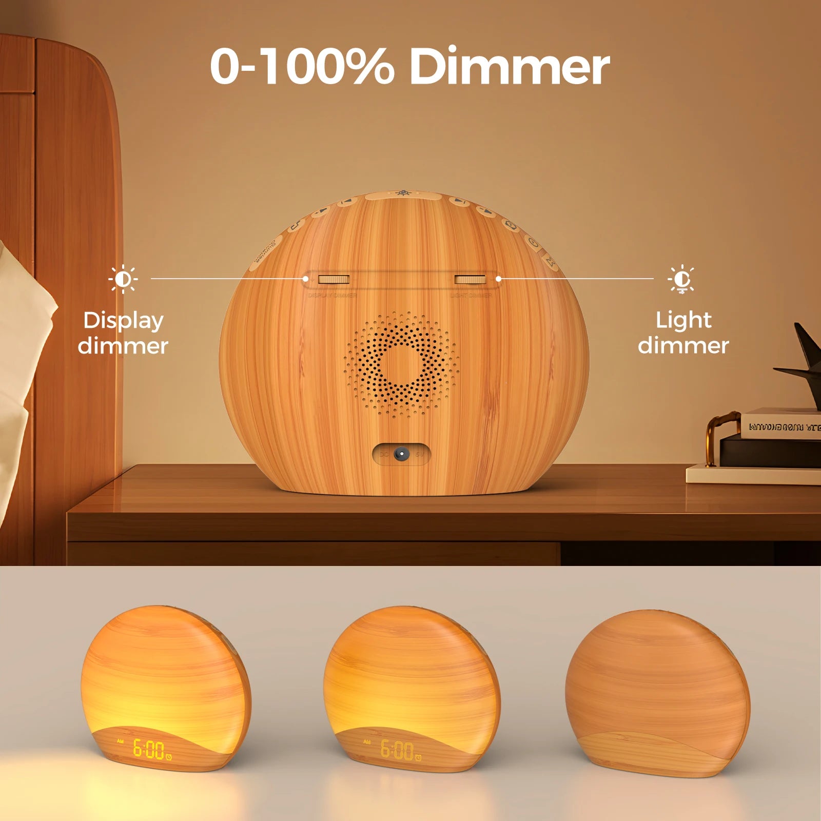 KERCHAN Natural Wood Grain Sound Machine Sunrise Alarm Clock26 Nature Inspired Sleeping Sounds,0-100% Dimmable Clock,Night Light