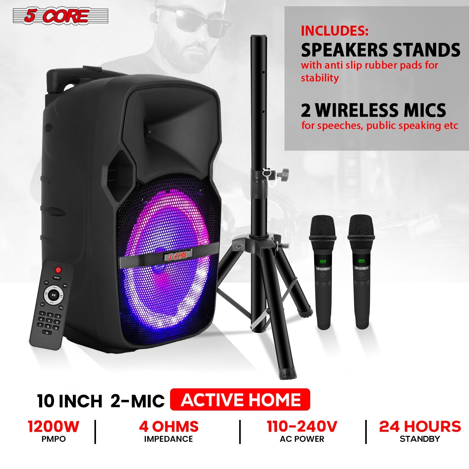 5Core 10 inch PA Portable Bluetooth Party Speaker Karaoke Boombox + 2